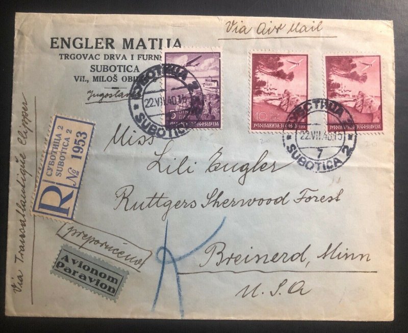 1940 Subotica Yugoslavia airmail Commercial Cover To Brainerd MN USA Sc#C12