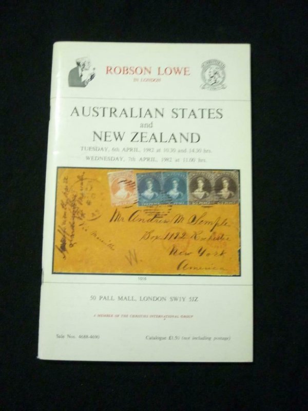 ROBSON LOWE AUCTION CATALOGUE 1982 AUSTRALIAN STATES AND NEW ZEALAND