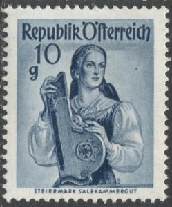 AUSTRIA 1958 Sc 522a (white paper)  10g Styria Costume issue, MNH, VF lt cr