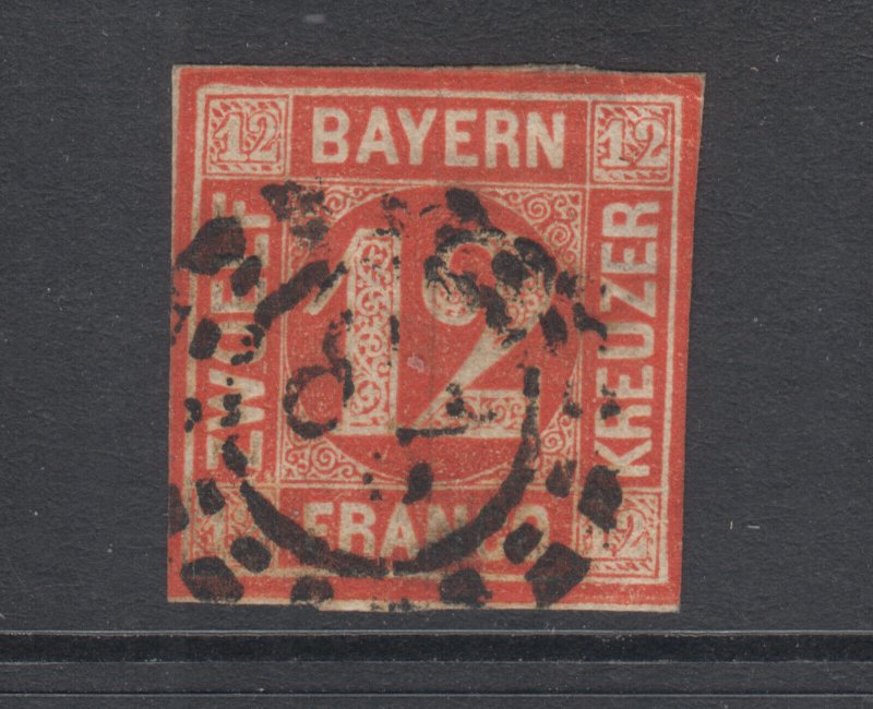 Bavaria Sc 7 used 1858 12kr red Numeral with 28 in Millwheel cancel, F-VF 