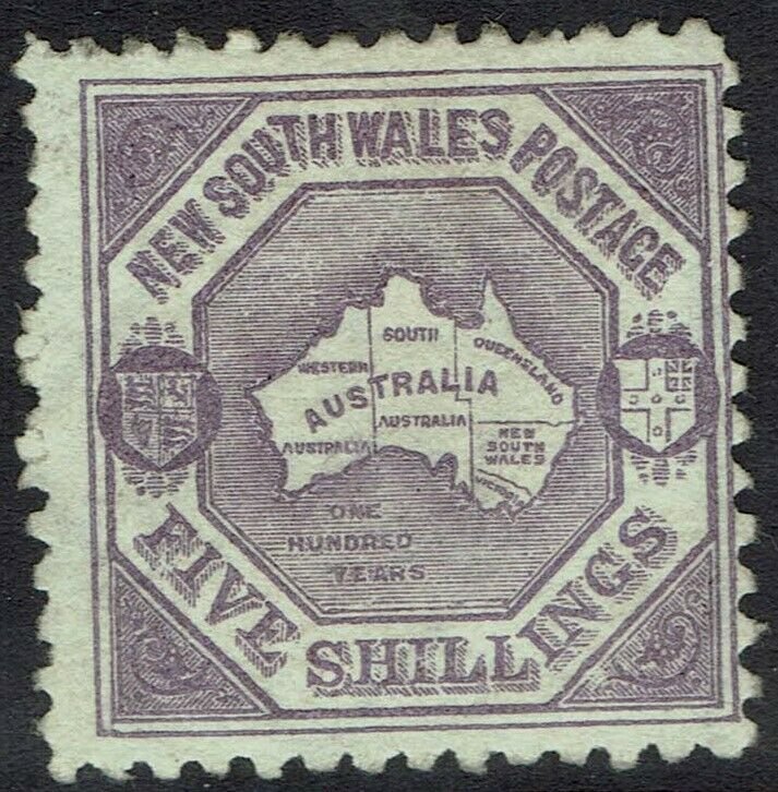 NEW SOUTH WALES 1890 MAP 5/- WMK 5/- NSW IN DIAMOND PERF 10 