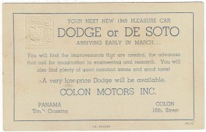 Panama 1949 Colon cancel on postal card with printed ad for Dodge and DeSoto car