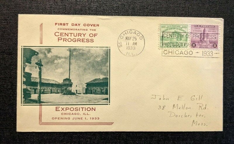 1933 Century of Progress Chicago IL FDC 728 9 Cover to Dorchester MA