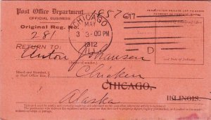 1912, Registry Return Receipt, Chicago, IL to Chicken, AK (38164)