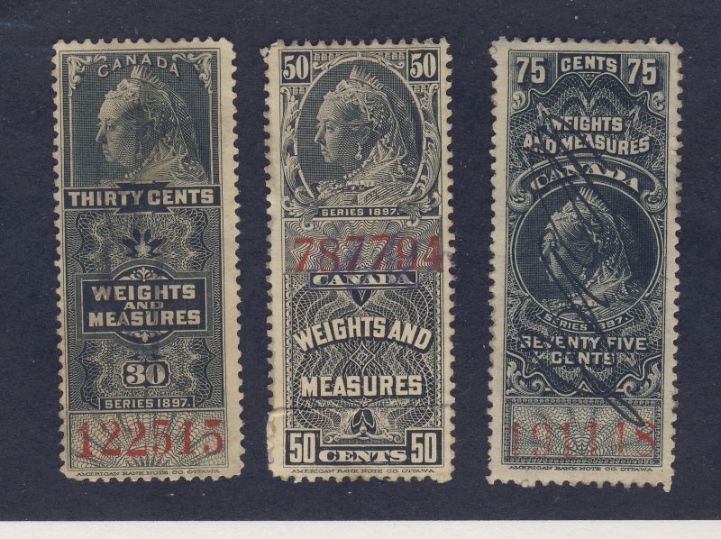 3x Canada Revenue Weights & Measures Stamp; #FWM38-39-40. Guide Value = $62.00