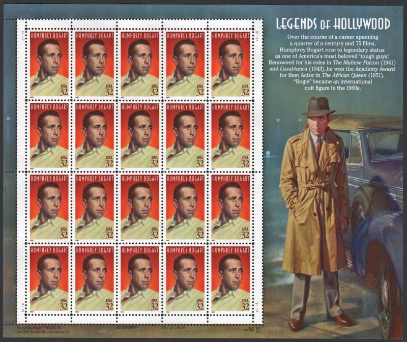 SC#3152 32¢ Legends of Hollywood: Humphrey Bogart Sheet of Twenty (1997) MNH