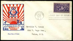 US #855 SCV $40 First Day Cover with Cooperstown, NY Cachet,  VERY FRESH, no ...