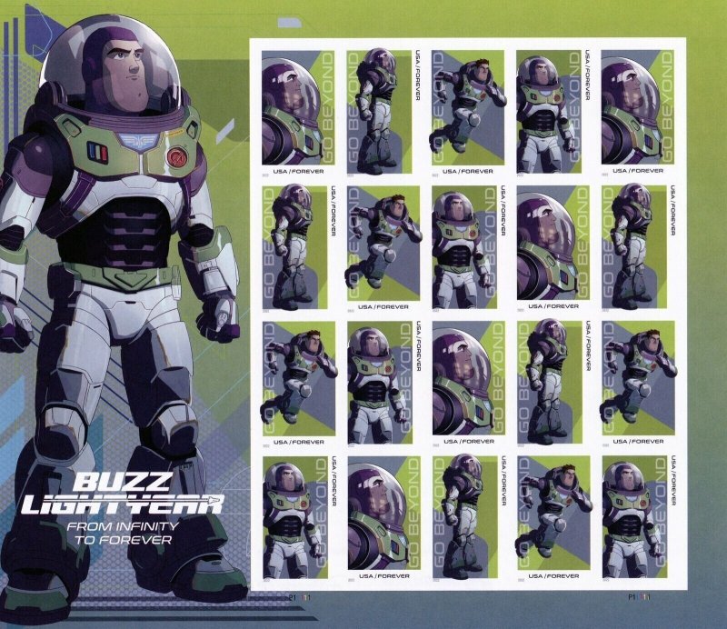 2022 60c Forever Disney Buzz Lightyear, Mint Imperf. Sheet of 20 Scott 5709-5712