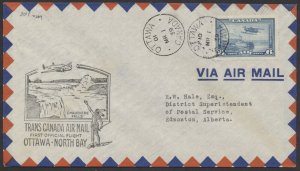 1939 Ottawa to North Bay Flight Cover MAR 1 to RW Hale #3903m