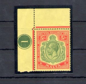 1914-21 MALTA, Stanley Gibbons #88, 5 Shillini Green and Red Yellow - MNH**