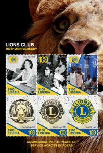 Liberia 2017 - Lions Club 100th Anniversary - Sheet of 6 Stamps - MNH