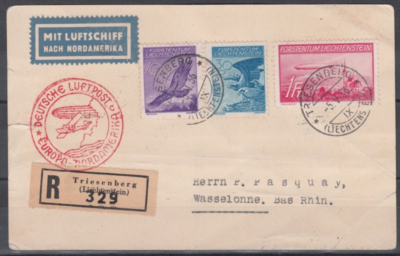 1936 LIECHTENSTEIN GRAF ZEPPELIN POSTAL CARD TO USA (YVERT# A12/A15 & A9) USED