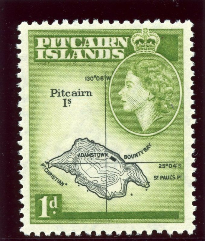 Pitcairn Islands 1960 QEII 1d black & light olive-green superb MNH. SG 19b. 