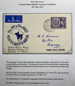 1953 Zumba Nyasaland First Day Cover FDC To Bulawayo Rhodes centenary