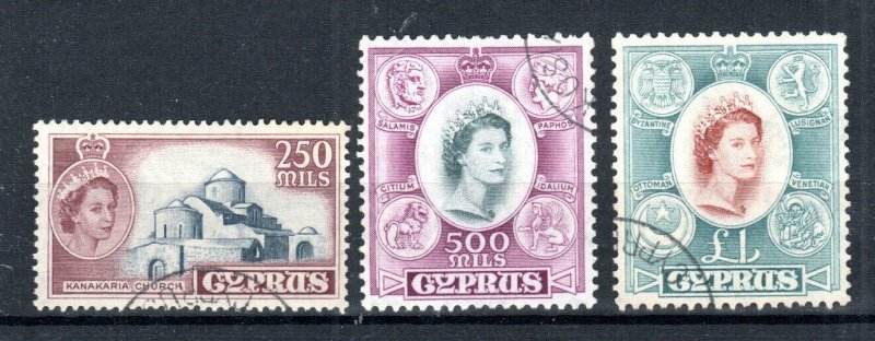 Cyprus 1955-60 250m, 500m and £1 values SG 185-87 FU CDS