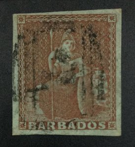 MOMEN: BARBADOS SG #5 1855 IMPERF USED **CERT** £275 LOT #62067