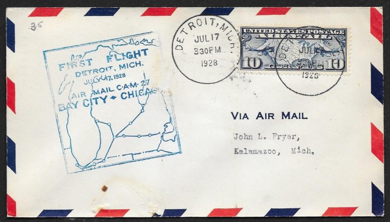 UNITED STATES #C7 on First Flight Cover 1928 Detroit to Kalamazoo