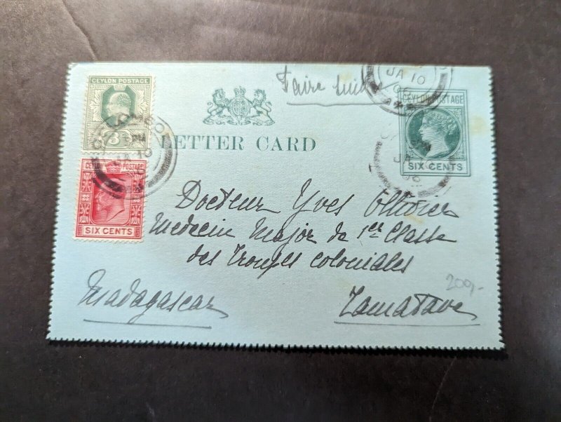 1906 British Ceylon Letter Card Cover Colombo to Antananarivo Madagascar