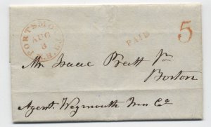 1846 Portsmouth NH red CDS stampless folded letter paid 5 rate [h.4346]