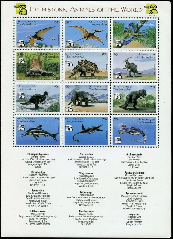ST. VINCENT GRENADINES PREHISTORIC ANIMALS  OF THE WORLD SHEET MINT NH 