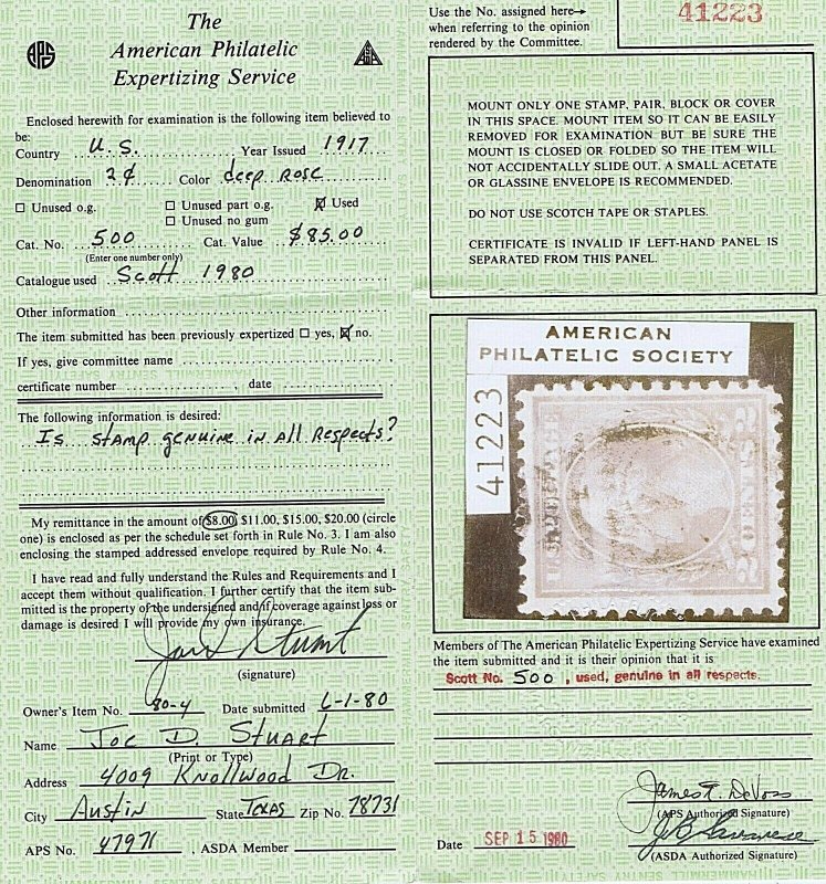 SC# 500 USED  2 CENT, WASHINGTON, 1917,  1980 APS CERT  