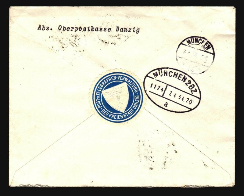 Danzig SC# B9 - B11 (x2) On 1934 Registered Cover (CV $500) - Z17113