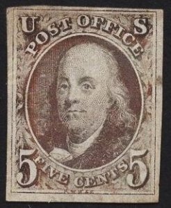 US Stamp #1 5c Red Brown Franklin  MINT NO GUM SCV $2100