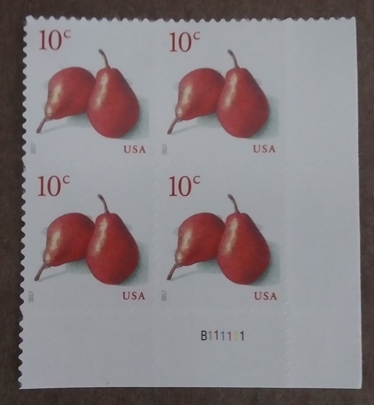 United States #5178 10c Red Pears MNH block of 4 with plate #B111111 (2017)