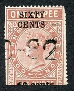 Ceylon QV SGT62 60c on 1r Red-brown Telegraph Stamp Wmk Crown CA (Narrow)