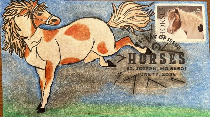 Horses 2024 First Day Cover Stamp Hand Drawn Painted FDC - KICK!