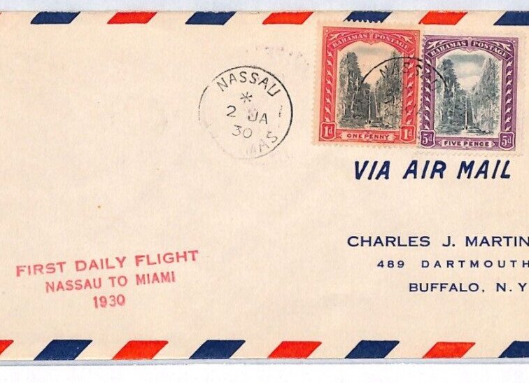 BAHAMAS Air Mail Cover 1930 FIRST DAILY FLIGHT USA Miami Buffalo NY Nassau YD160