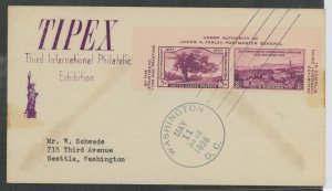 US 778a-b (1936) Third International Philatelic Exposition (Tipex) pair from the Farley imperf of pane stamps on an addressed (t