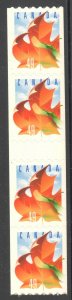 Canada #2008i MULTI COLOR MAPLE LEAF COIL GUTTER STRIP OF 4 - RARE