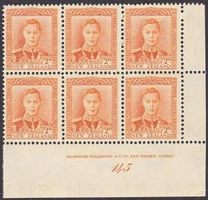 NEW ZEALAND GVI 2d plate block # 145 MNH....................................4180