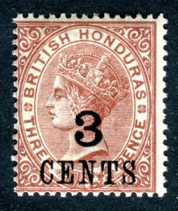 British Honduras 1888 QV. 3c on 3d red brown. Mint LH. SG38.