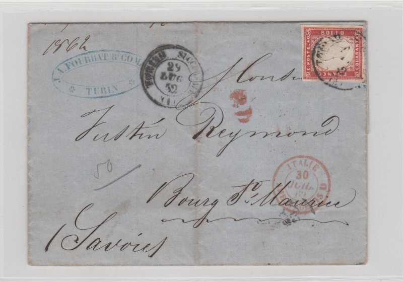 Italy Sardinia, 1862, Scott 13a, Sassone 16D, 40 Cent. Rose Cover Turin-France 