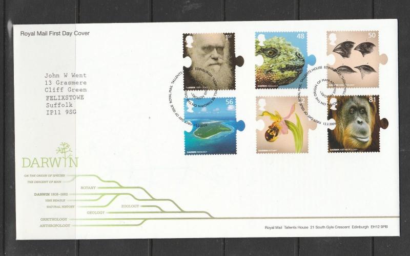 GB FDC 2009 Darwin, Tallents House cancel, Typed address, Fine