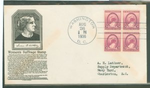 US 784 1936 3c Women's Suffrage/Susan B. Anthony (block of four) on an addressed first day cover with an Anderson cachet.