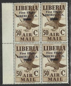 LIBERIA 1941 AIR MAIL 50 CENT FIRST FLIGHT OVERPRINT BLOCK OF 4 SCOTT # C25