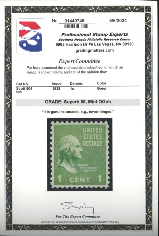 U.S. #804 PSE GRADED SUPERB 98 MINT OG NH