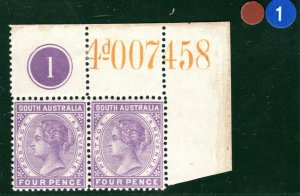 SOUTH AUSTRALIA QV SG193 4d Violet (1896) PLATE *1* CORNER PAIR Mint MNH BRBLUE1