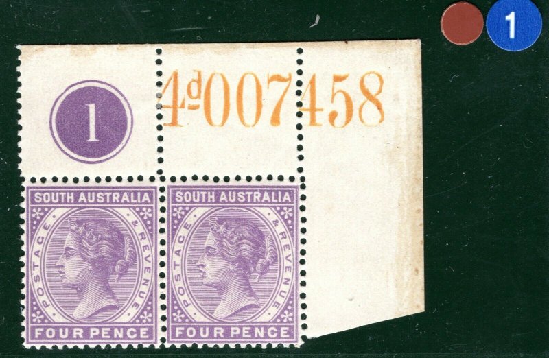 SOUTH AUSTRALIA QV SG193 4d Violet (1896) PLATE *1* CORNER PAIR Mint MNH BRBLUE1