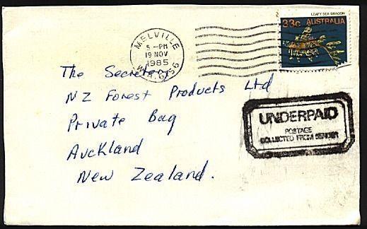 AUSTRALIA 1985 33c on underpaid cover to New Zealand..............74735