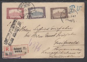 Hungary Sc 122,124,125 on 1921 Registered Cover, BUDAPEST-GREIFSWALD, GERMANY