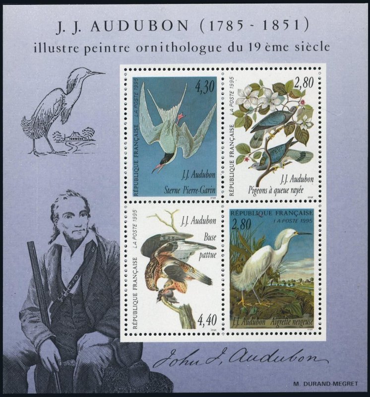 France 2462-2465,2465a,MNH. The Legacy of John J.Audubon,1995.Snowy egret,Pigeon