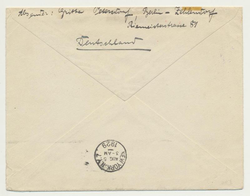 GERMANY TO NY 1929 GRAF ZEPPELIN COVER, 4M RATED Si#26A (SEE BELOW)