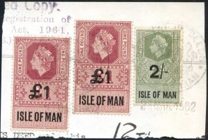 Isle of Man QEII 2 x One Pound and 2/- Key Plate Type Revenues CDS on Piece