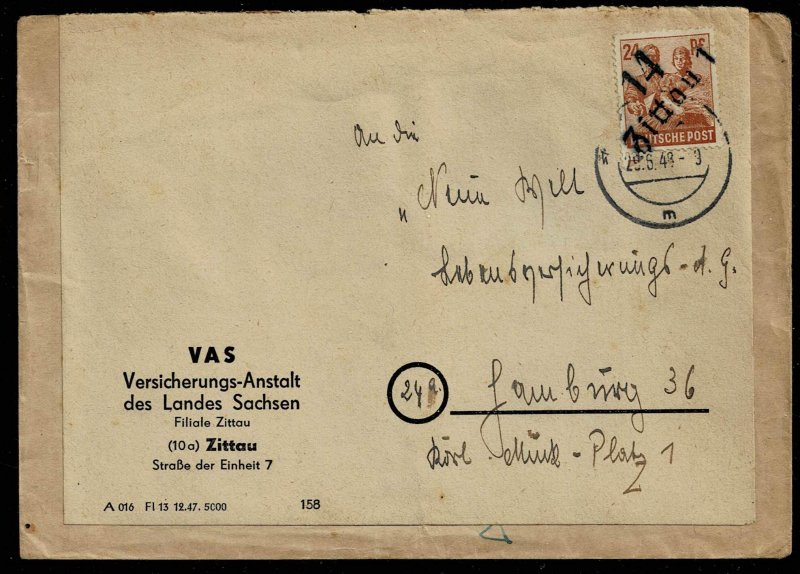 Michel#174, ovpr. town cancel Zittau on cover, Soviet zone 1948