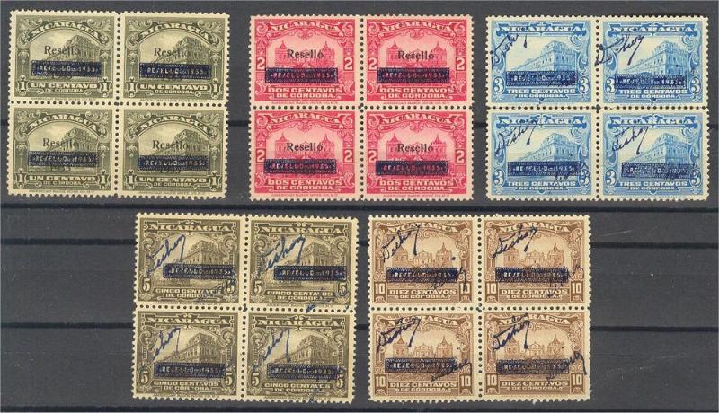 NICARAGUA 1935, 5 UNUSED BLOCKS OF 4 ALL PROVISIONALS