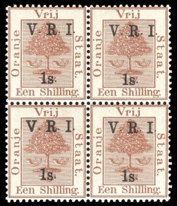 Orange Free State 1900 1s on 1s brown block shows THICK V var. SG 121, 131.